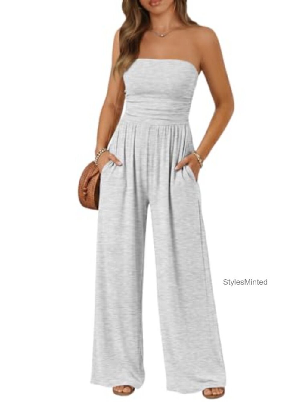 Trendy Queen Strapless Wide Leg Jumpsuit Pleated One Piece